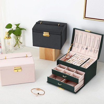 Lock Arch Three-Layer Jewelry Box with Leather Exterior for Storage Display