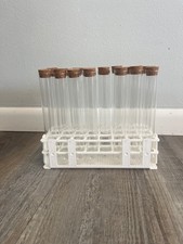 Glass test tubes with cork stoppers in test tube rack - qty 23