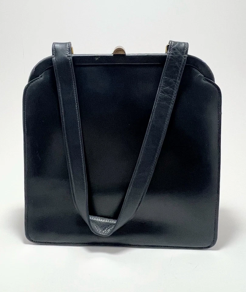 Cartera de mano Dofan vintage hecha en Francia cuero negro dorado Foto 4 de 4