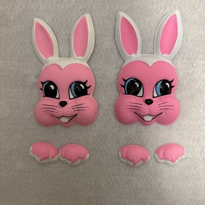 Vtg Easter Bakery Crafts 3D Pink Bunny Face and Paws Cake Topper 2 Sets