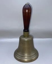 Old Period School Farm Bell Brass Hand Turned Wood Handle 19thC Antique 8.5x4.5”