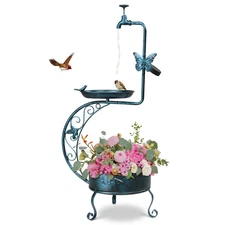 37" H Metal Bird Bath with Solar Light, Sturdy Flower Planter Base, Bird Feeder