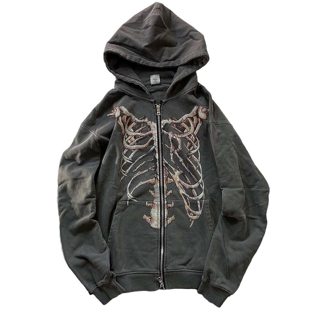 L SIZE MLAFE Gothic Hoodie Retro Bone Print Y2K Zip Up Jacket Grunge Streetwear
