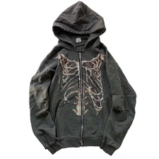 L SIZE MLAFE Gothic Hoodie Retro Bone Print Y2K Zip Up Jacket Grunge Streetwear