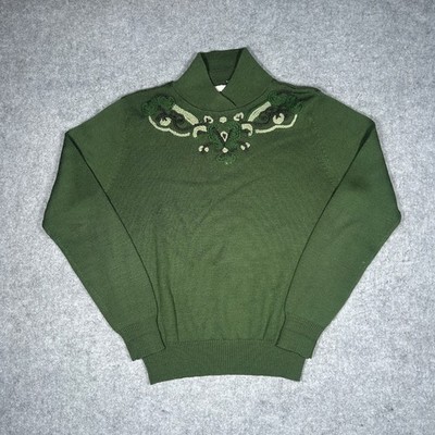 White Stag sweater Women small Green embroidered shawl collar knit cottagecore