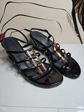 Stuart Weitzman Black Patent Leather 3" Wedge Flat Strappy Sandal 10M Spain
