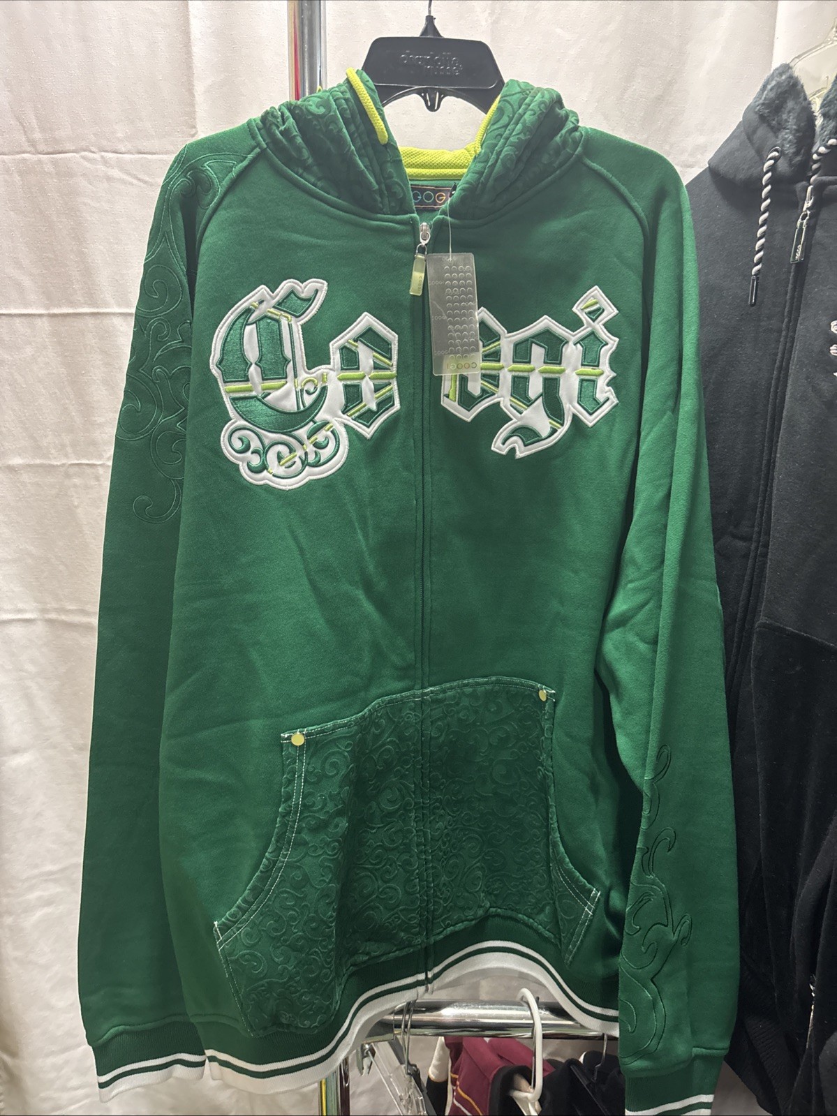 Rare Unique COOGI Mens Sz. 3XL Full Zip Hoodie Green Retro Print Logo Hood