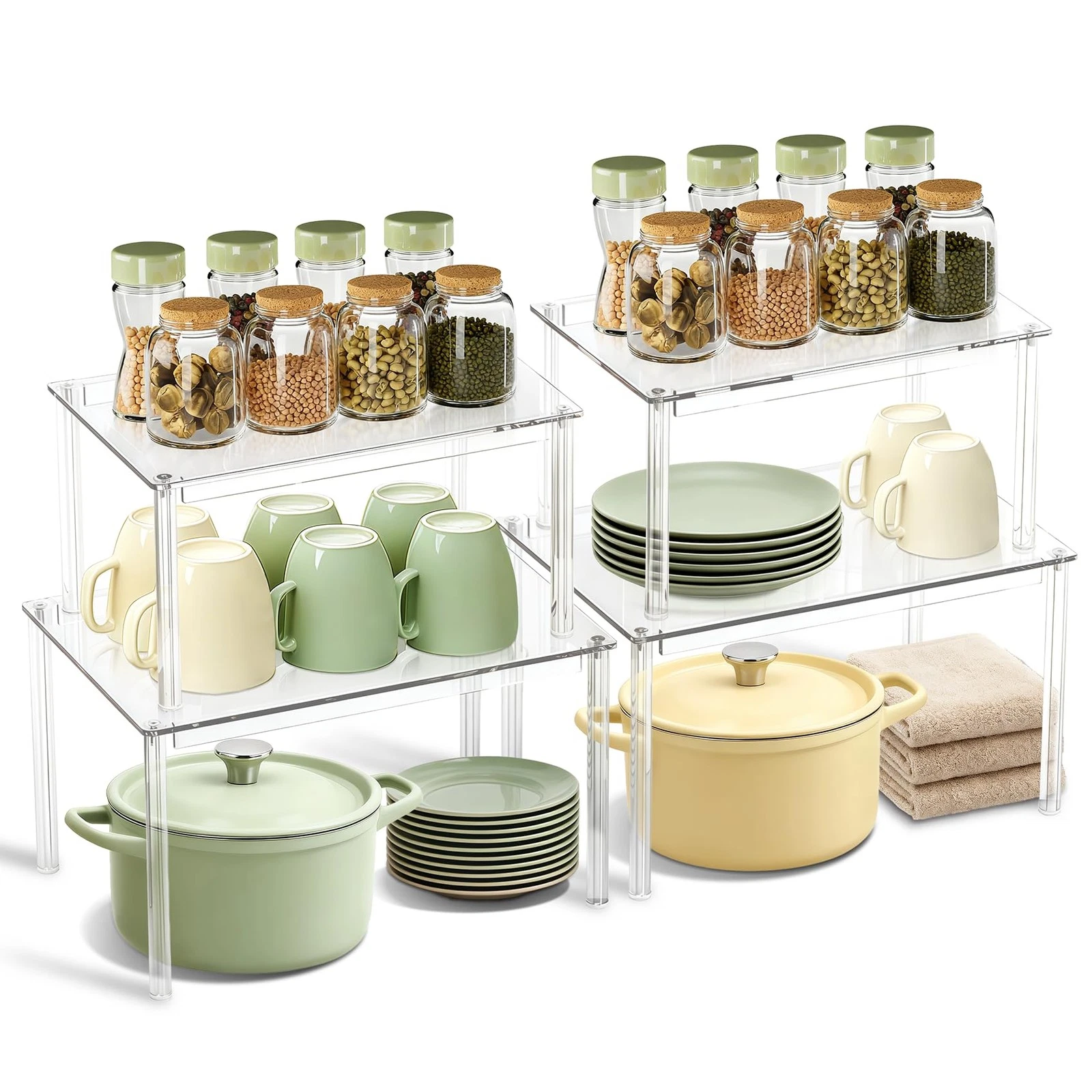 Clear Kitchen Cabinet Organizer, Set of 4 Stackable Spice Rack, Acrylic Shelv...