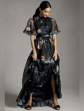 MAC DUGGAL Size 8 Black Floral Print Ruffled High Neck Flutter Sleeve Maxi Gown