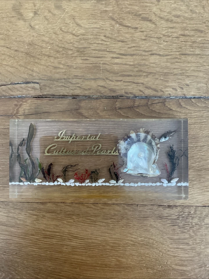 Exhibición publicitaria vintage Lucite Jewelers perlas cultivadas peces perla concha  Foto 2 de 4