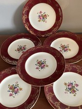 Antique Empire Porcelain Burgundy Side Plates Gold Gilding Flower Motif X6