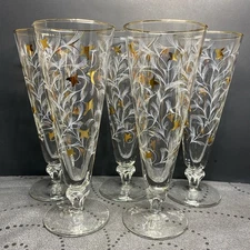 Libbey Royal Fern Gold Rim Pilsner Glasses Champagne Beer New Years 8 1/8” 6 PC.