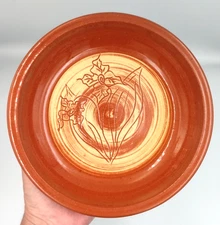 1980 Jugtown Ware Floral Decorated 9-1/4" Redware Pottery Pie Pan - Seagrove NC