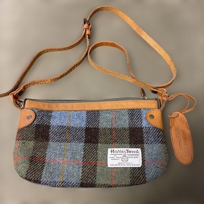 Harris Tweed x Art Direct Plaid Shoulder Bag Blue Leather Trim HT0726102