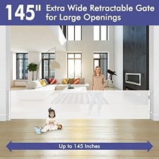 KISKIZ 145 INCH RETRACTABLE BABY GATES EXTRA WIDE DOG GATE FOR EXTRA - WHITE