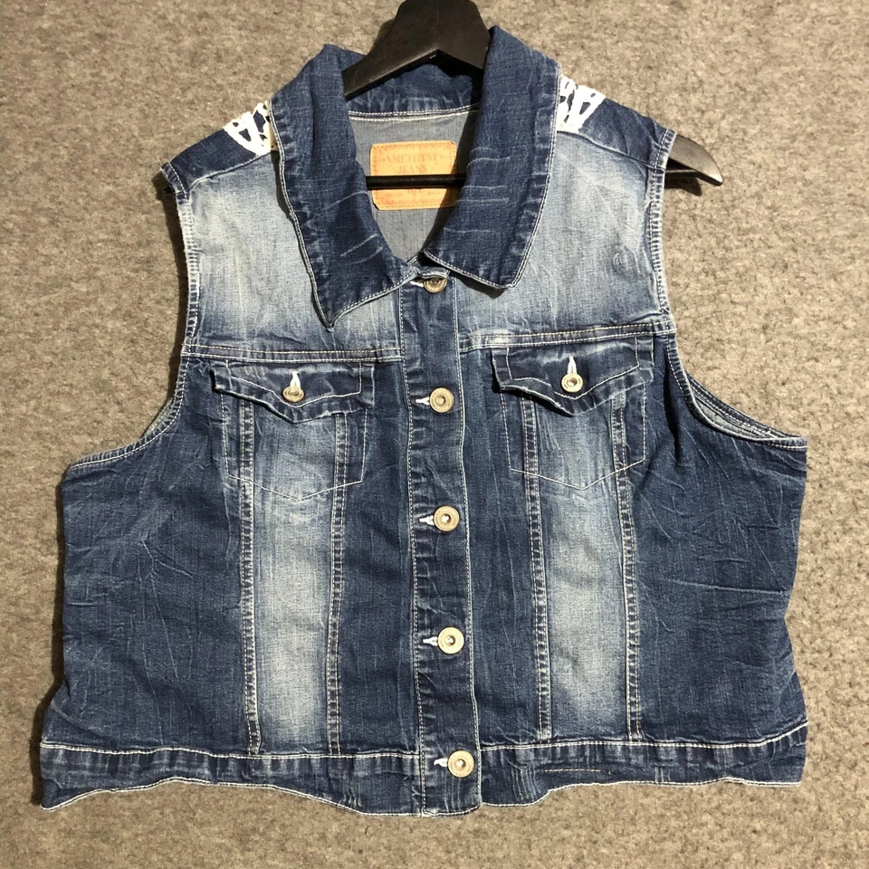 Chaleco vaquero amatista para mujer grande de mezclilla de encaje hada grunge azul envejecido occidental Foto 2 de 4