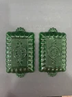 Set of 2 VTG Anchor Hocking Forest Green Oyster & Pearl Dresser Tray Relish Dish
