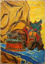 Ukrainian Soviet Oil Painting Still Life fauvism Cubism old iron blue table