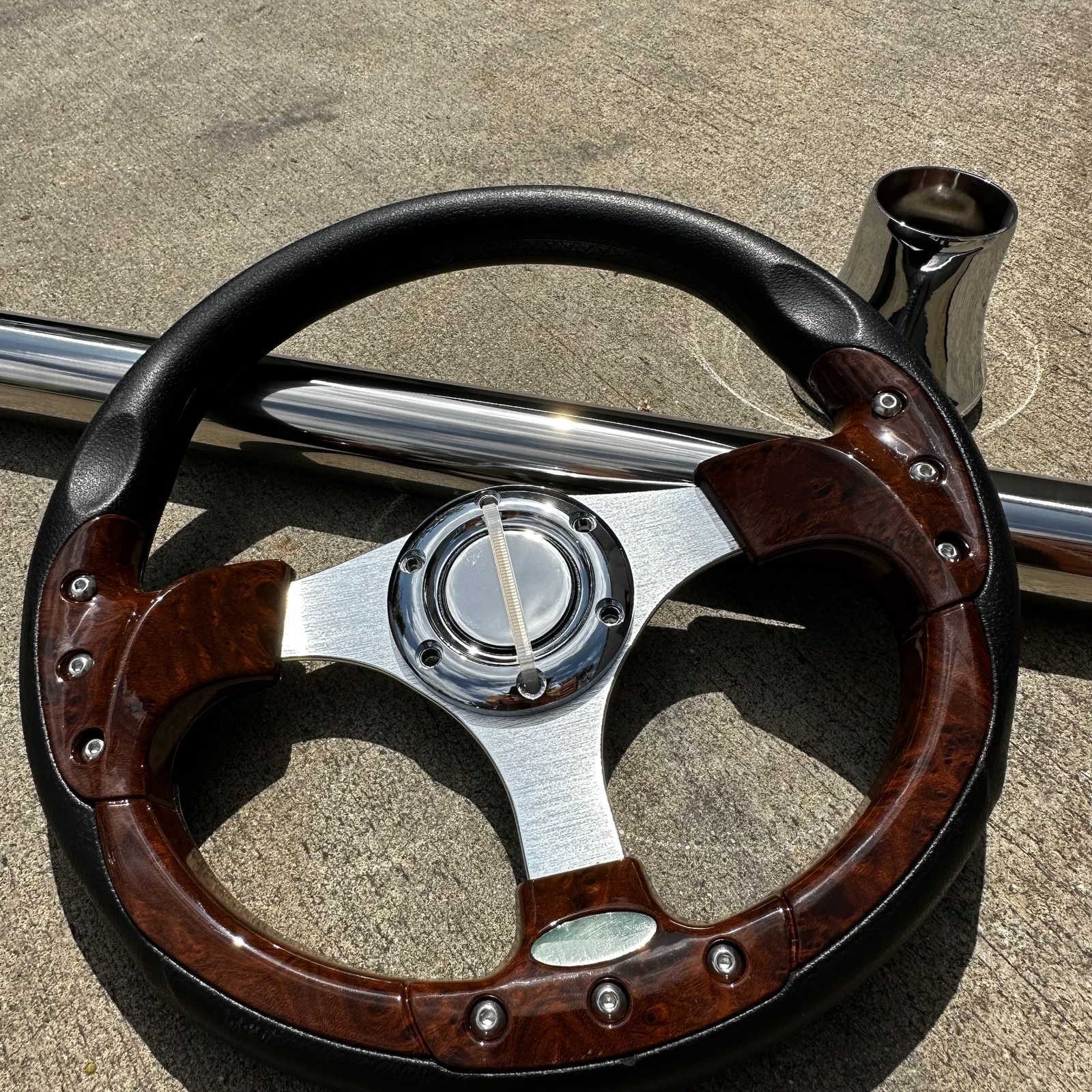 Cart Chrome Steering Wheel Burlwood Print With Sleeve Ezgo 1