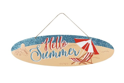 Hello Summer Sign Beach Scene Oval Shape Glitter Wall Door Porch NEW! Fun!