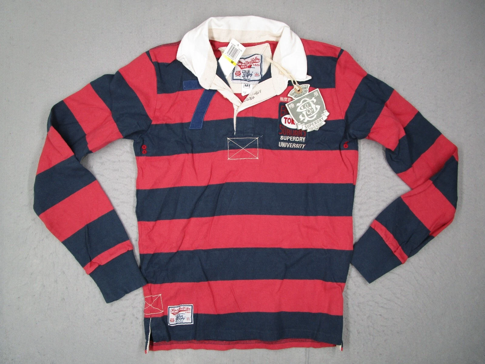 Superdry Shirt Mens Medium Red Striped Tokyo Rugby University Long Sleeve Ivy