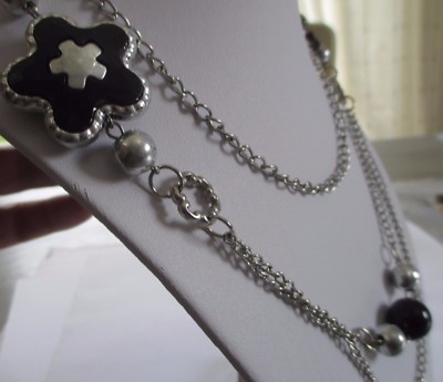 Collier Sautoir Rétro Argenté Avec Perles Fumées Et Noires – Style Vintage Années 50, Longueur Ajustable Pour Un Look élégant