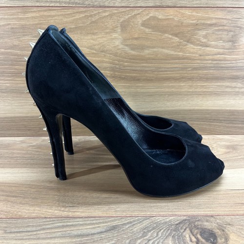 Alexander McQueen Heels 8.5 EU 38.5 Black Suede Peep Toe Studded Pumps - Picture 7 of 13