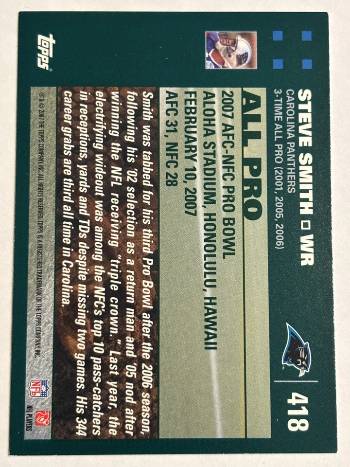 2007 Topps #418 Steve Smith Carolina Panthers All Pro - Image 2 of 2