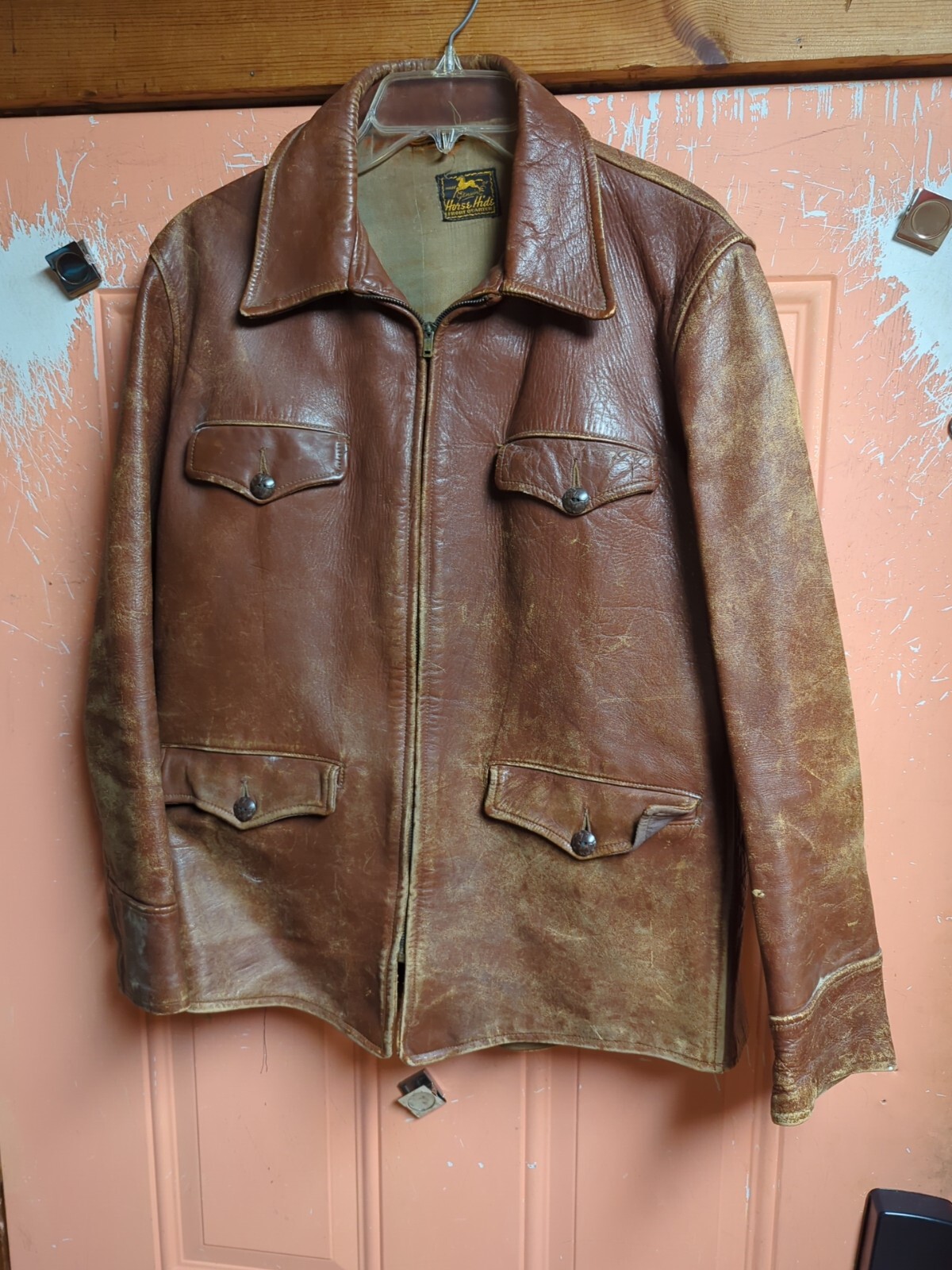 Vintage Genuine Horse Hide Front Quarter Distressed Leather Jacket 4 Pocket