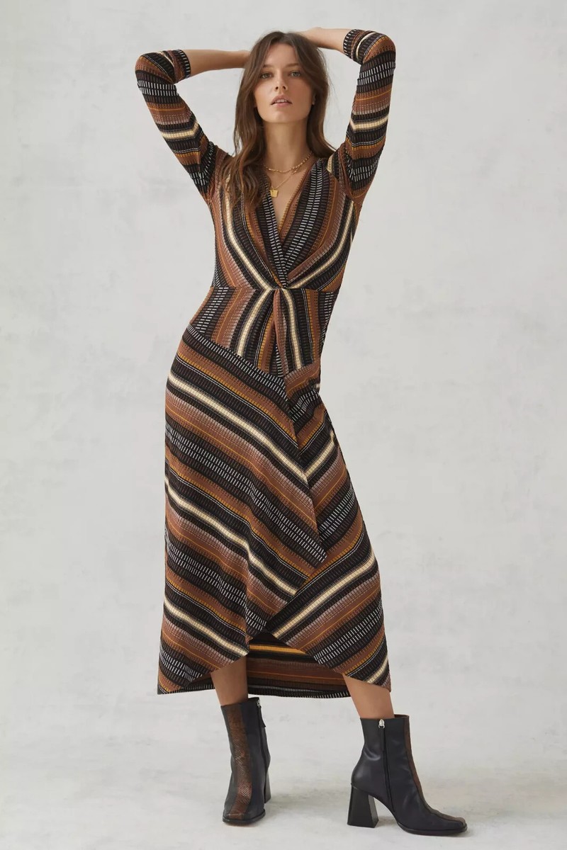 Anthropologie Maeve Size Small Midi Dress Brown Black Striped Wrap | eBay