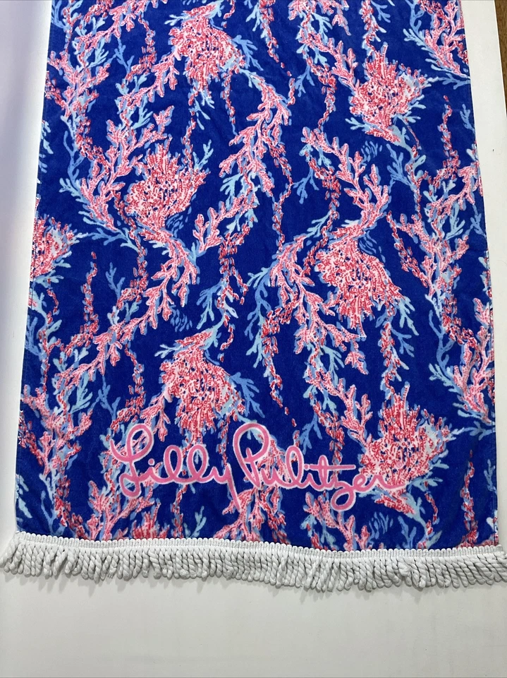 Lilly Pulitzer Beach Towel Borealis Blue Swim on Over Coral Red White Velour - Image 3 of 4
