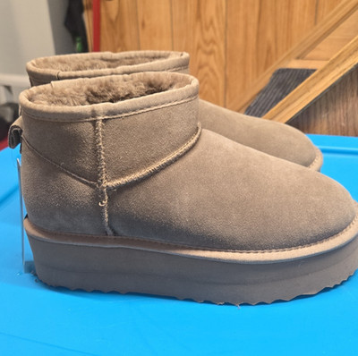 XIAKOLAKA Fur-Lined Brown Suede Platform Pull On Ankle Bootie Round Toe 6