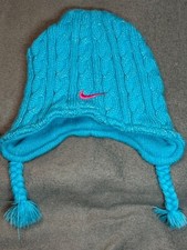 Nike Toddler Knit Winter Hat Blue Ear Flap Beanie Tassel Pom 100 Acrylic OS