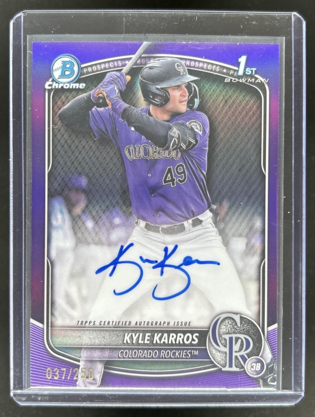 2025 Bowman Chrome Kyle Karros Auto Purple Refractor 1st Prospect #/250 Rockies