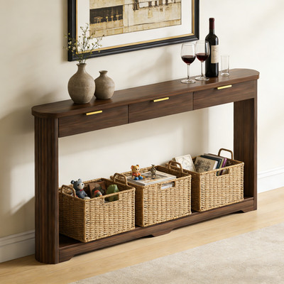 70.1'' Wavy-Patterned Storage Table with Drawers; a slim wooden side table