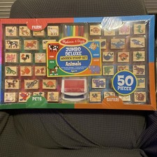 MELISSA  DOUG JUMBO DELUXE 50 WOODEN ANIMALS STAMP SET FARM PETS OCEAN SAFARI