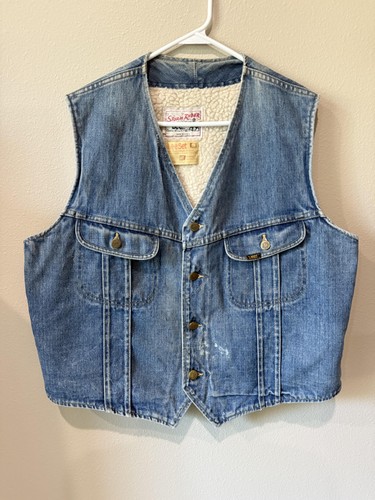 Vintage Lee Storm Rider Weste Herren Large Blau Denim Sherpa Gefüttert Western USA 70s