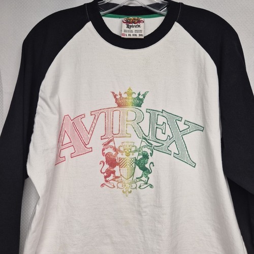 VTG Y2K Avirex Classics Rainbow Glitter Logo Black White Raglan Tee Shirt Tshirt