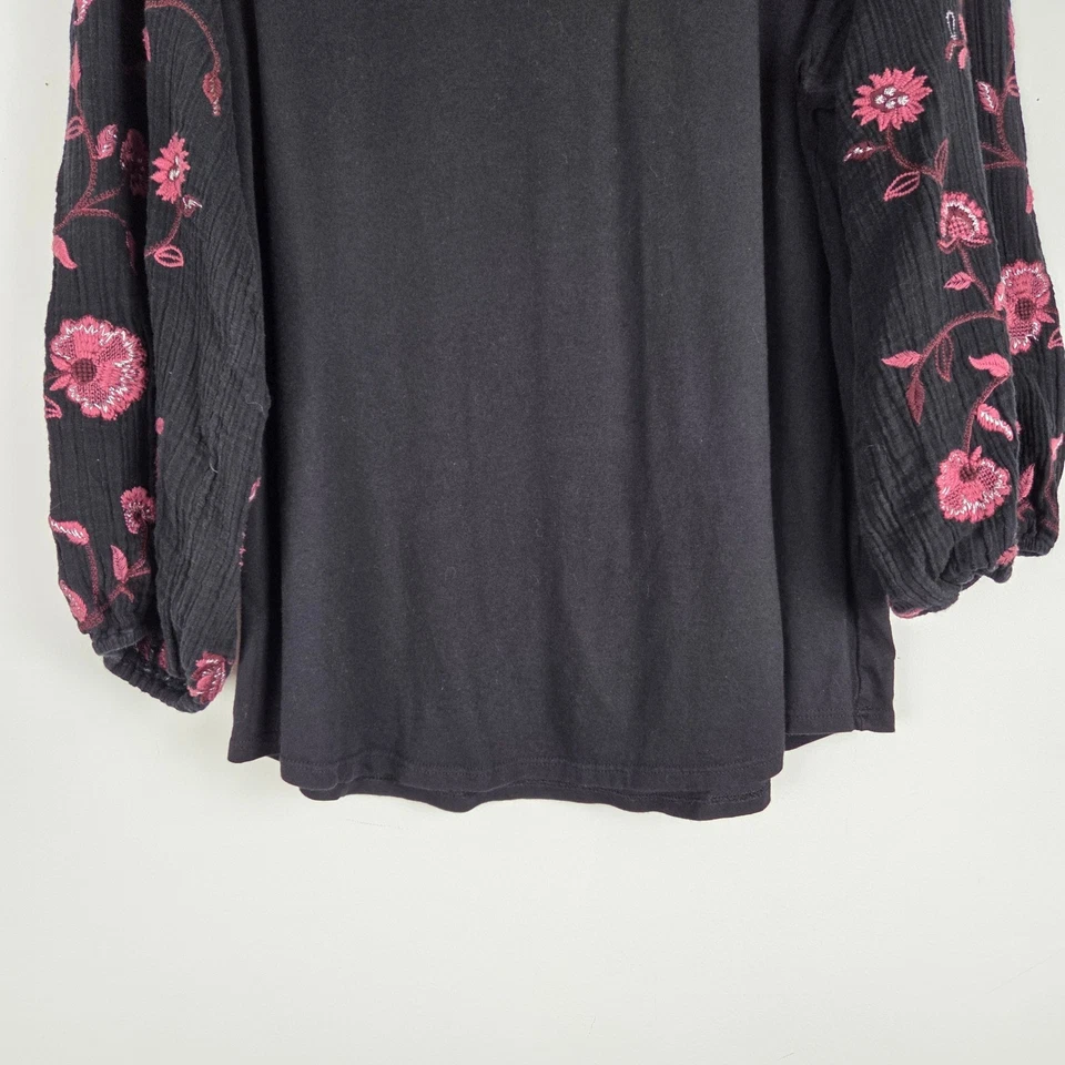Top Chico's Bordado Rojo Floral Manga Globo Tejido Negro XL Talla 3 Boho Foto 4 de 4