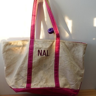 Vintage LL Bean Boat and Tote Bag XL Pink Cream Canvas Zip Top 