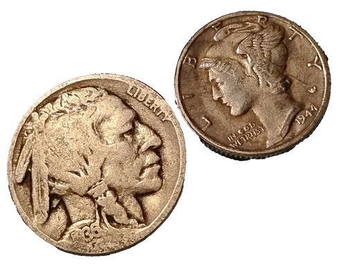 1935 Buffalo Nickel and 1944 dime- 5c Five Cents Good Condition C-17