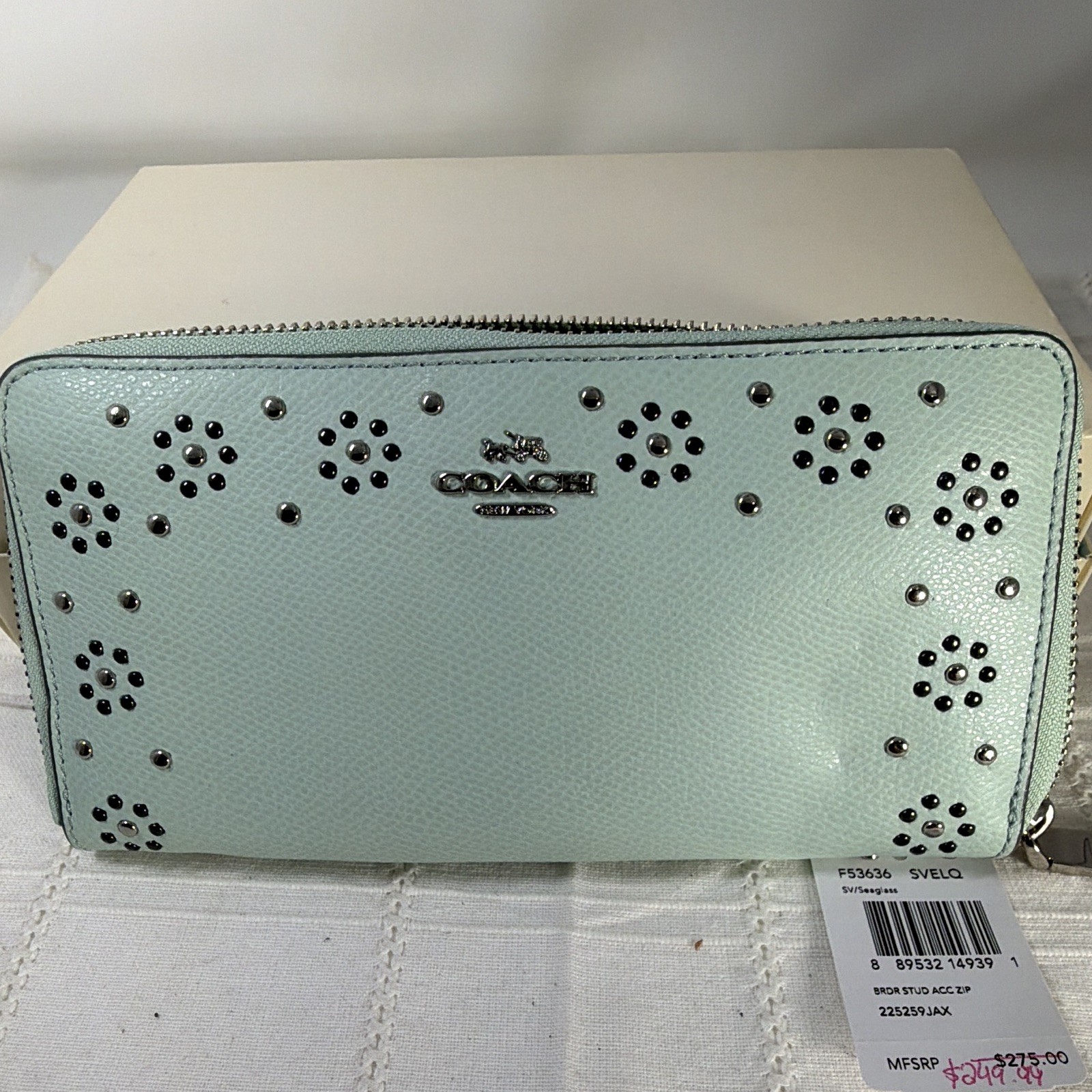 Coach Blue Studded Floral Zip-Around Women's Wallet w/ Zipper, Credit Card