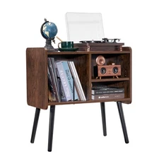 Uimoso Record Player Stand 2-Tier Wooden Turntable 3 Cabinets End Table Storage