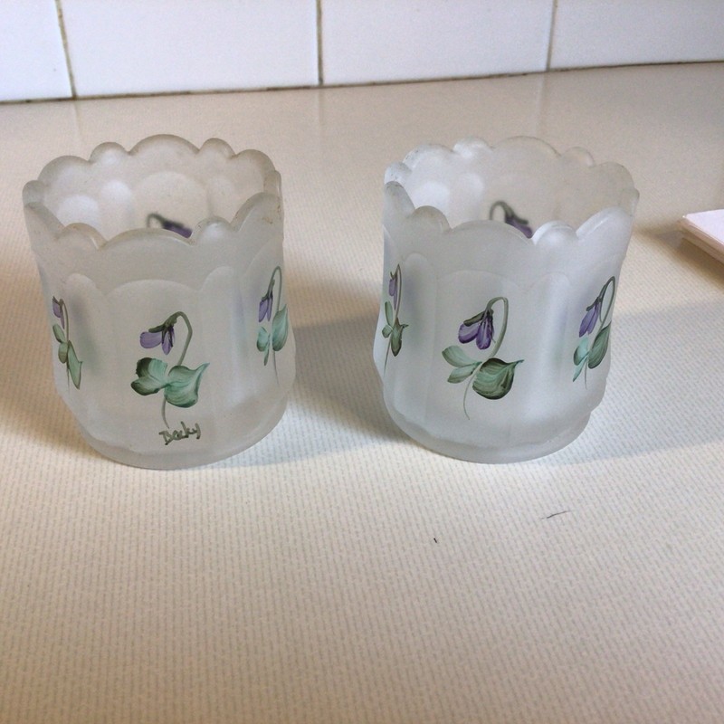 Vintage Frosted Glass Hand Painted Votive Holders by Mosser Glass, Cambridge, Oh