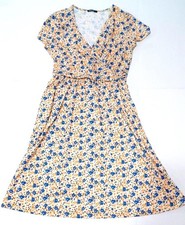 Floral Yellow Blue OUGES Women's Dress Sz L Cap Sleeve V Neck Stretch Wrap
