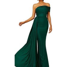 $90 One Shoulder Mermaid Maxi Dress Bodycon Ruched Draped Formal Gown L