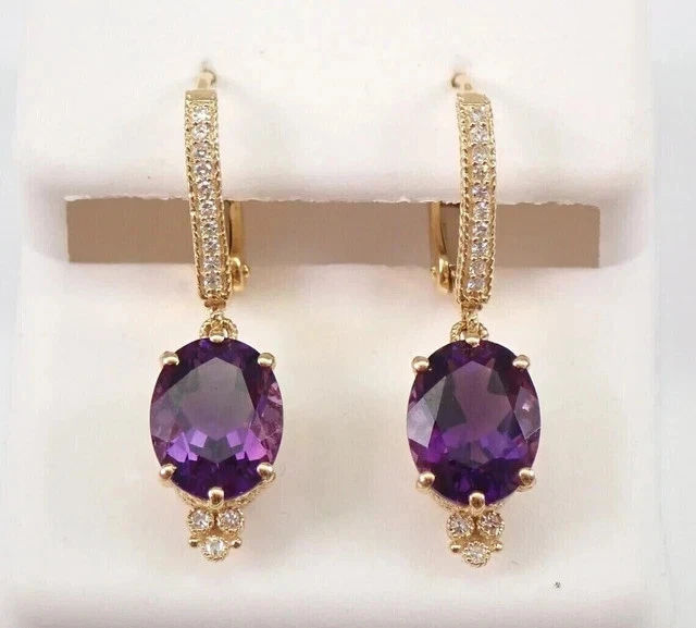 4Ct Oval Cut Lab Created Amethyst Drop/Dangle Earrings 14K Yellow Gold Plated - Image 3 of 4