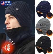 Men's Thermal Knit Hat with Ear Flaps  Fleece Lining Winter Hats Outdoor Cap US