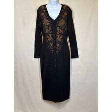 Sweater Dress M VTG Black Fall Embroidered Floral w/ Metallic Thread Old Money