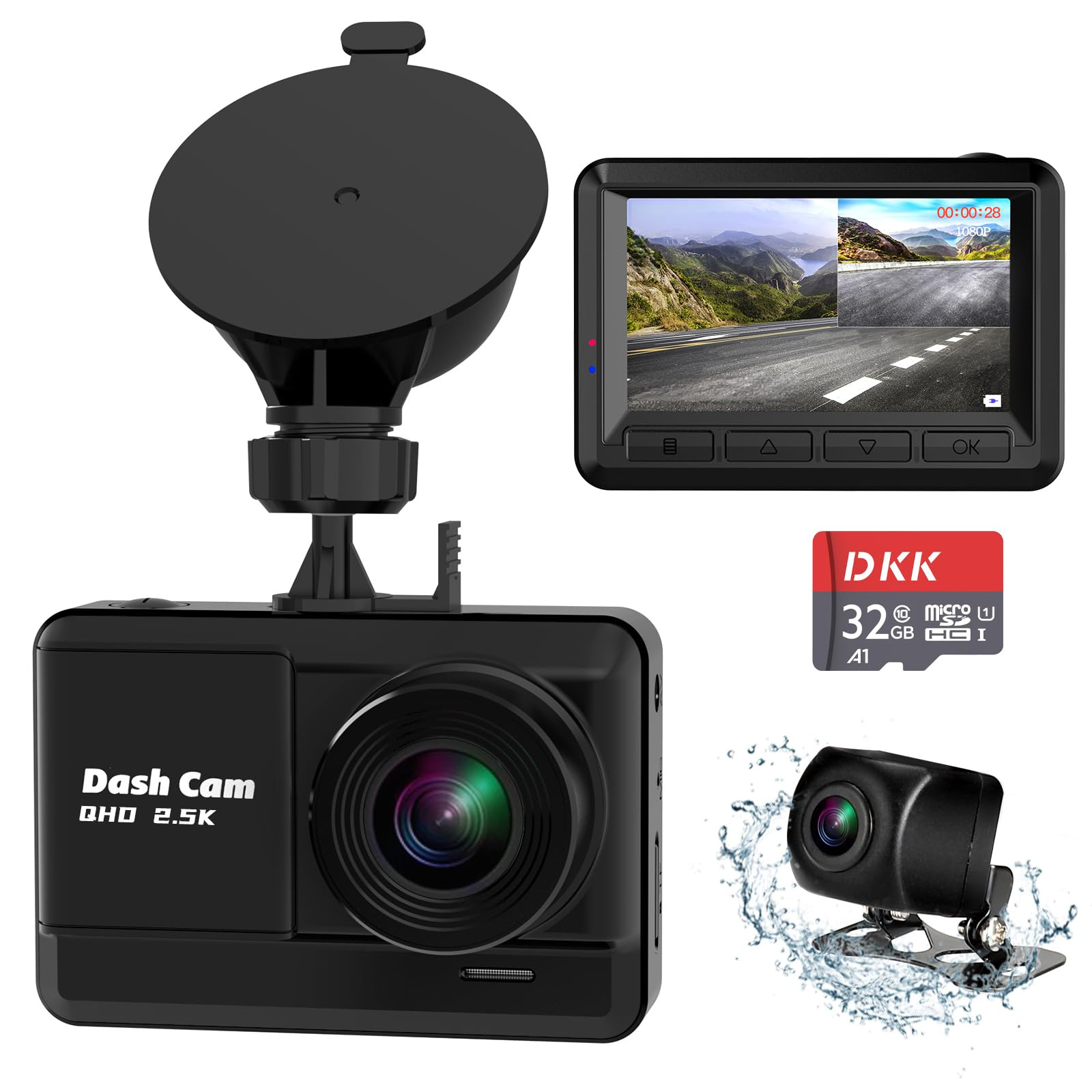 Mini Dash Cam 2.5K Front and Rear with 32GB SD Card for Enhanced Driving Safety